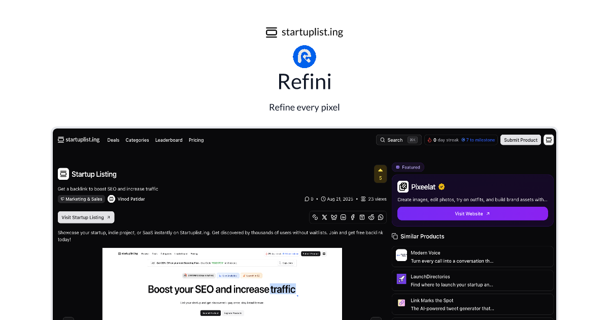 Refini - SaaS & Tools | Startup Listing